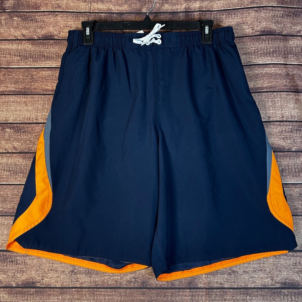Nike Mens XXL Swim Trunks‎ Navy Blue Orange Colorblock Board Shorts Mesh Lining